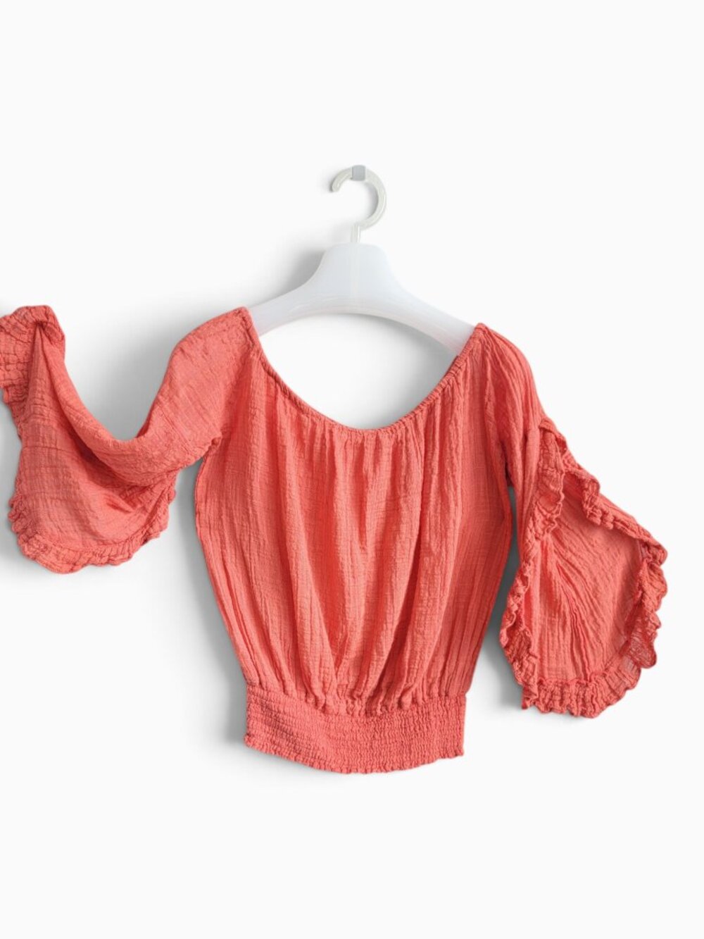 Coral Cotton Gauze Peasant Blouse M Off Shoulder Bell Sleeve Boho Cottagecore